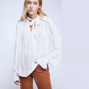Free People White Bishop Sleeve Blouse with Bib Collar oversized XS Small boho